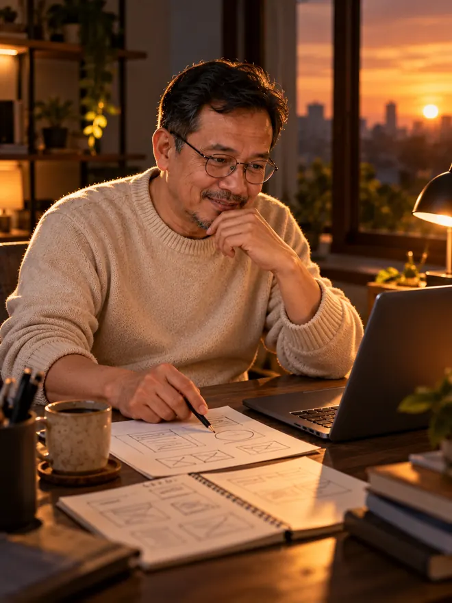 Pak Arif membuat sketsa tampilan aplikasi di samping laptop saat senja